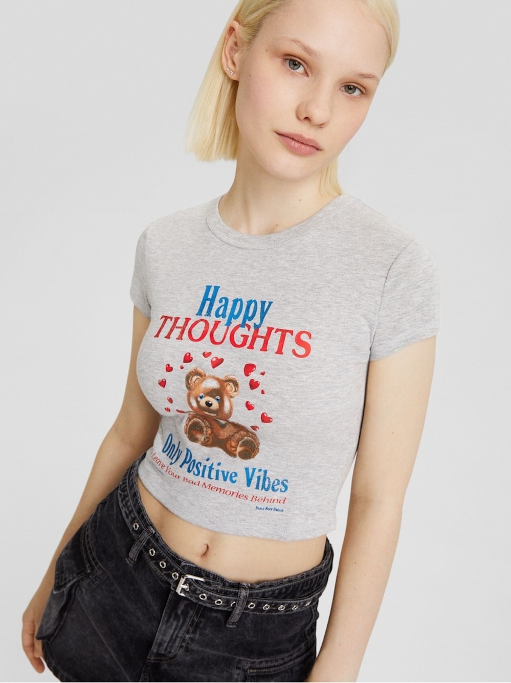 Bershka Women's Cropped Graphic T-shirt Happy Thoughts and Only Positive Vibes